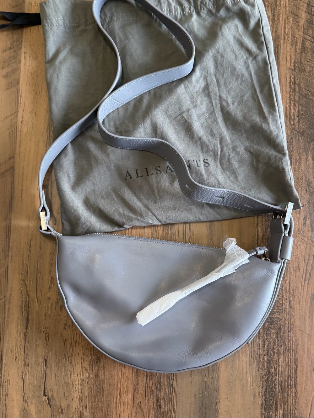New With Dust Bag $249 AllSaints Half-Moon Crossbody Bag in Light Gray - Picture 9 of 15